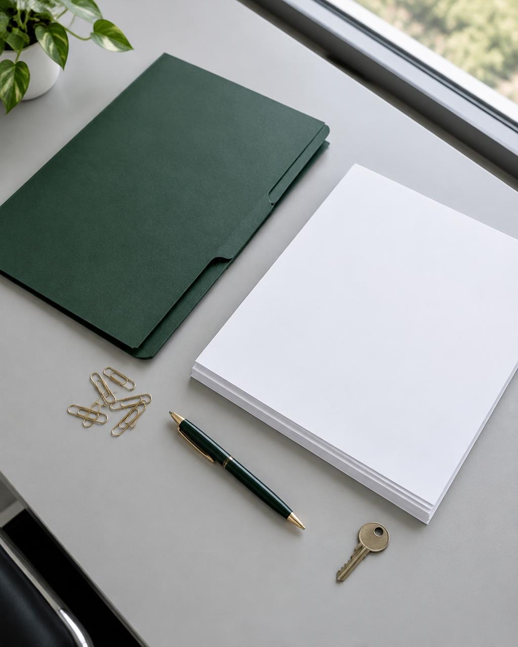 Court documents, a green case folder, and a house key neatly organized on a desk