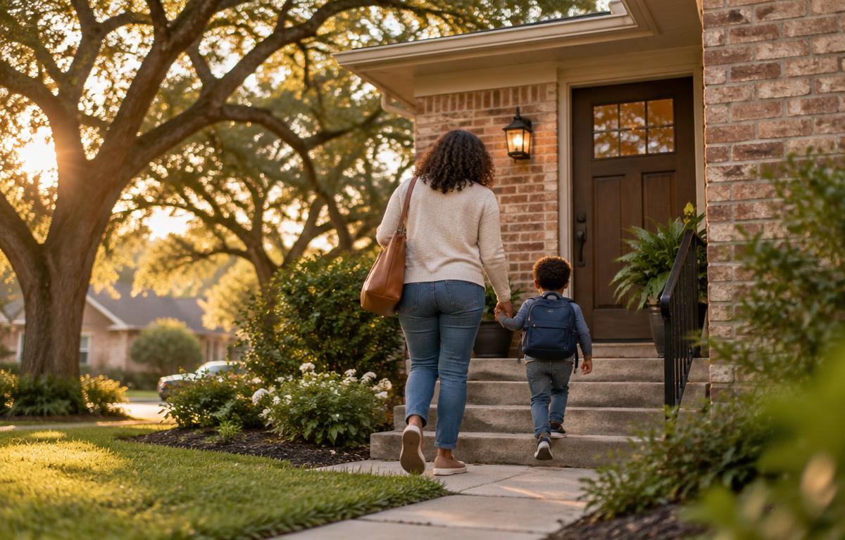 A parent and a young child walking up the front steps of a modest Houston home at golden hour